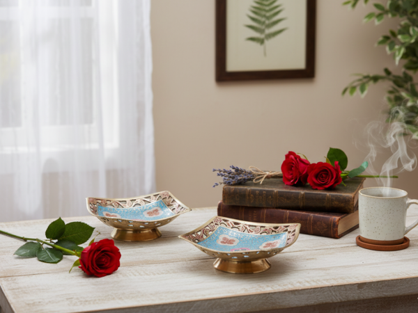 Decorative Hand Crafted Metal Brass Dry Fruit Plate - Blue (Set of 2)