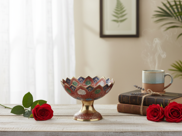 Decorative Hand Crafted Metal Brass Flower Bowl - Red