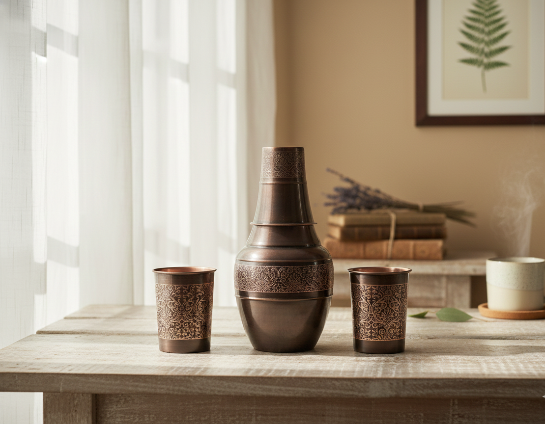 Handcrafted Antique Copper Pitcher Set with Embossed Floral Details