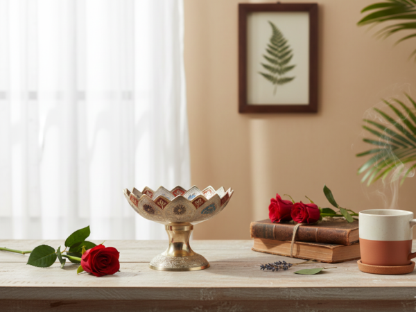 Decorative Hand Crafted Metal Brass Flower Bowl - White