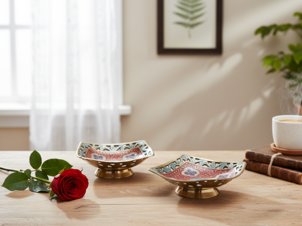 Decorative Hand Crafted Metal Brass Dry Fruit Plate - Red (Set of 2)