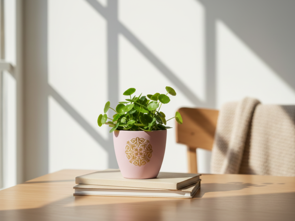 Earthen Flower Pot - pink with golden motif