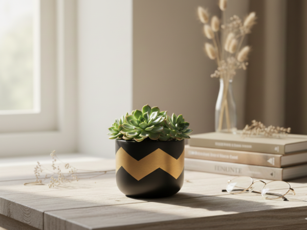 Earthen Flower Pot - Black zig zag
