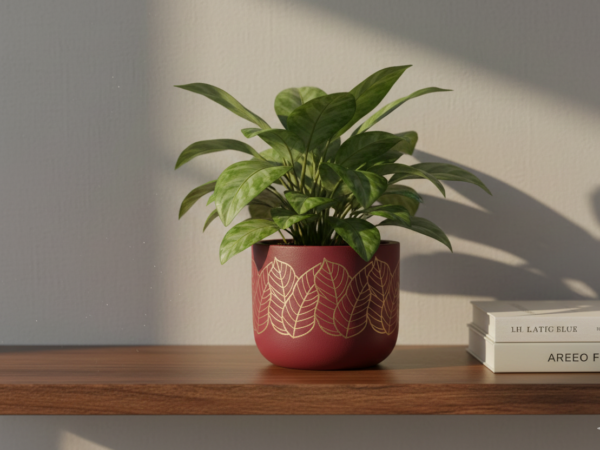 Earthen Flower Pot - red golden leaf