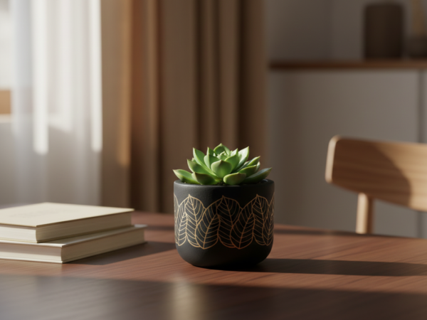 Earthen Flower Pot - Black golden leaf