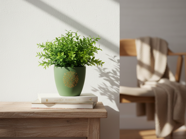 Earthen Flower Pot - Green with golden motif