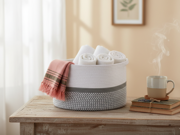 Square Cotton Rope Basket - White and Grey