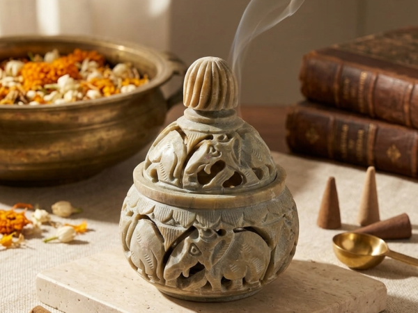 Handcrafted Soapstone Incense Burner by DAZOR for Home Pooja
