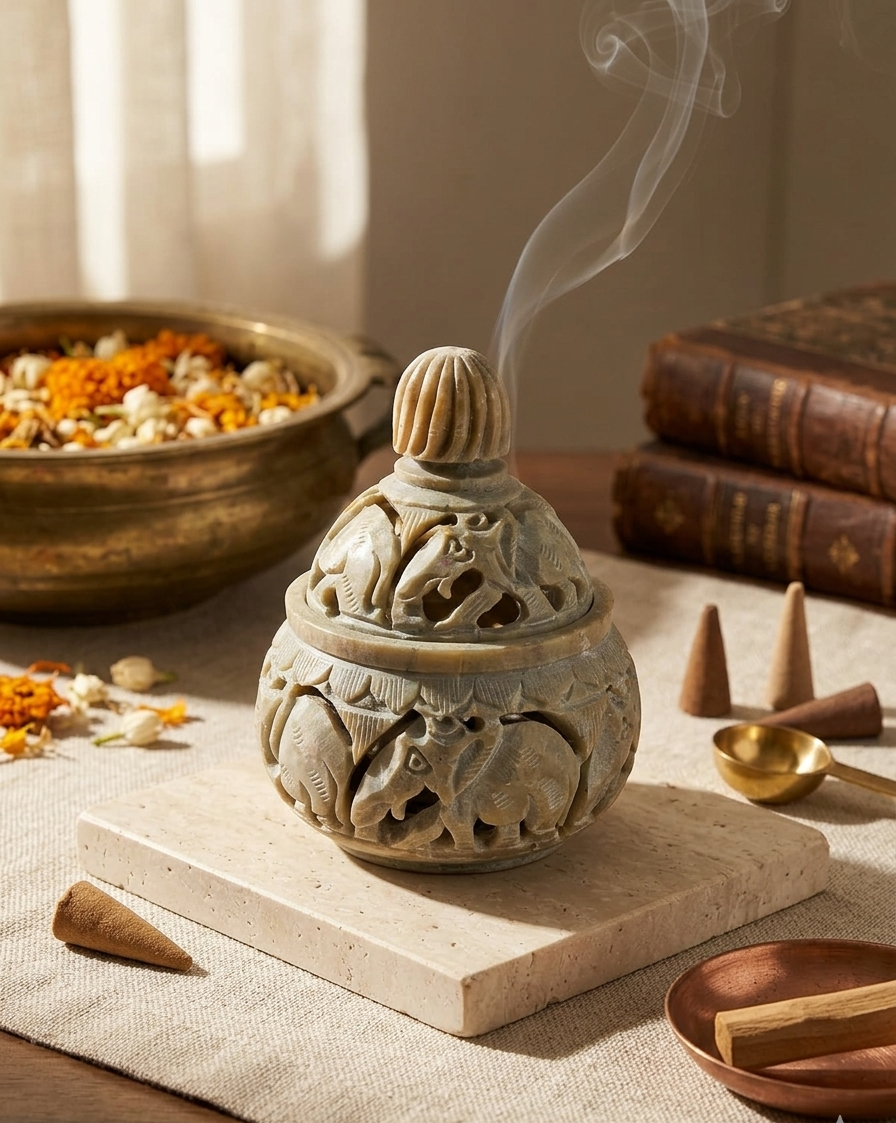 Handcrafted Soapstone Incense Burner by DAZOR for Home Pooja