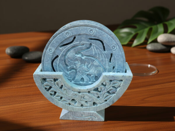 Handcrafted Marble Coaster Set with Jali Carved Holder