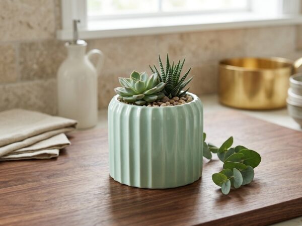 Ceramic Flower Pot Modern fluted  – Mint Green