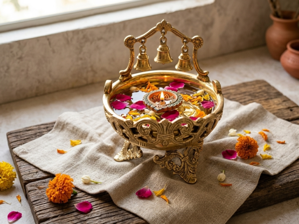 Handcrafted Brass Urli Bowl with 3 Hanging Bells for Festive Home Decor - DAZOR