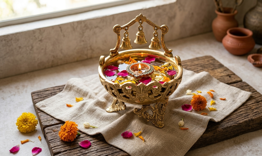 Handcrafted Brass Urli Bowl with 3 Hanging Bells for Festive Home Decor - DAZOR