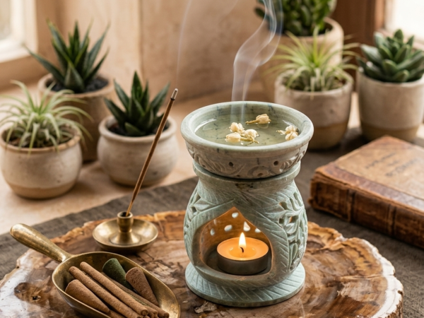 Handcrafted Soapstone Floral Oil Burner & Tea Light Holder