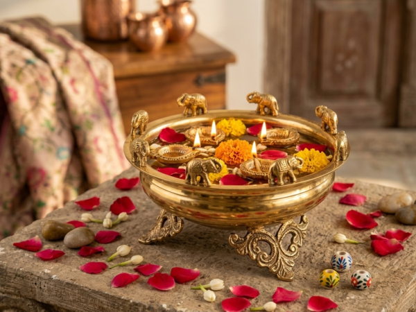 Handcrafted Elephant Brass Urli Bowl for Luxury Home Decor and Pooja - DAZOR