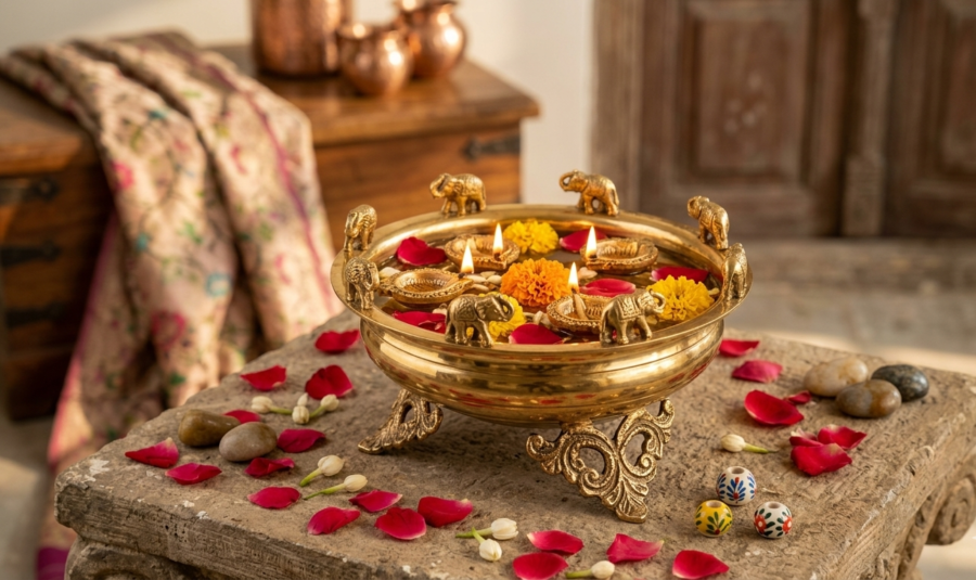 Handcrafted Elephant Brass Urli Bowl for Luxury Home Decor and Pooja - DAZOR