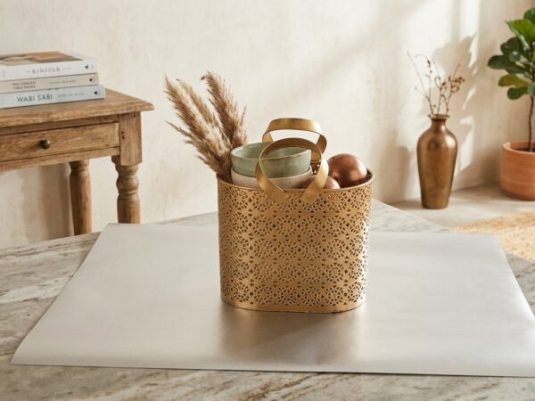 Handcrafted Gold Metal Hamper Basket - with Handles
