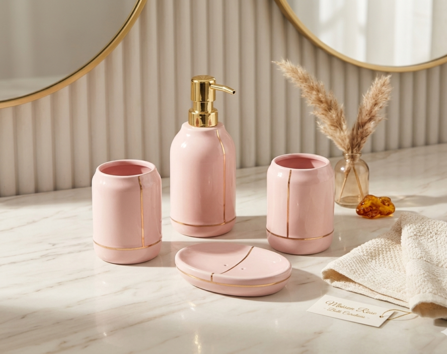 Luxury Pink and Gold Ceramic Bathroom Set 4 Piece by DAZOR