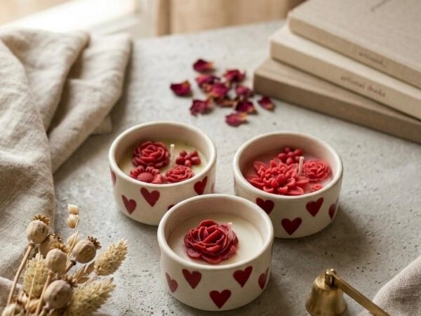 Ceramic Heart Bowl Candle with Red Floral Wax Design - DAZOR