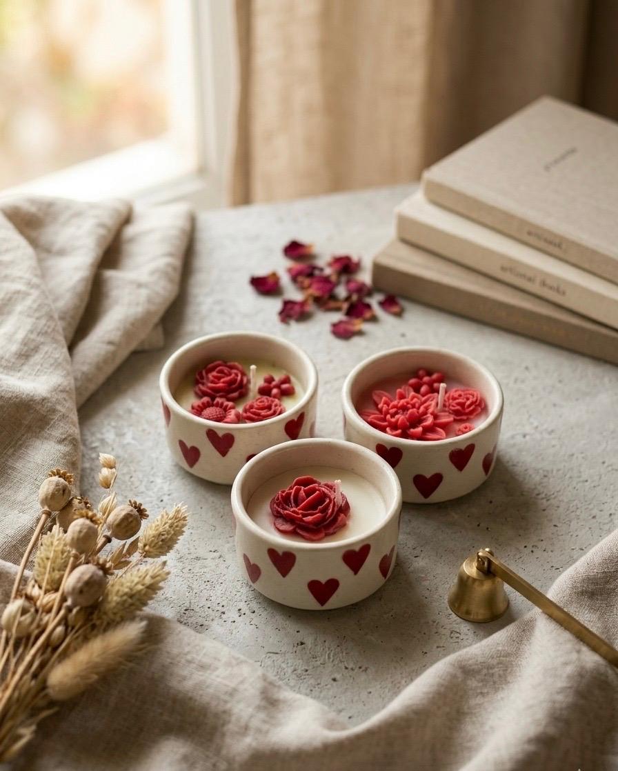 Ceramic Heart Bowl Candle with Red Floral Wax Design - DAZOR