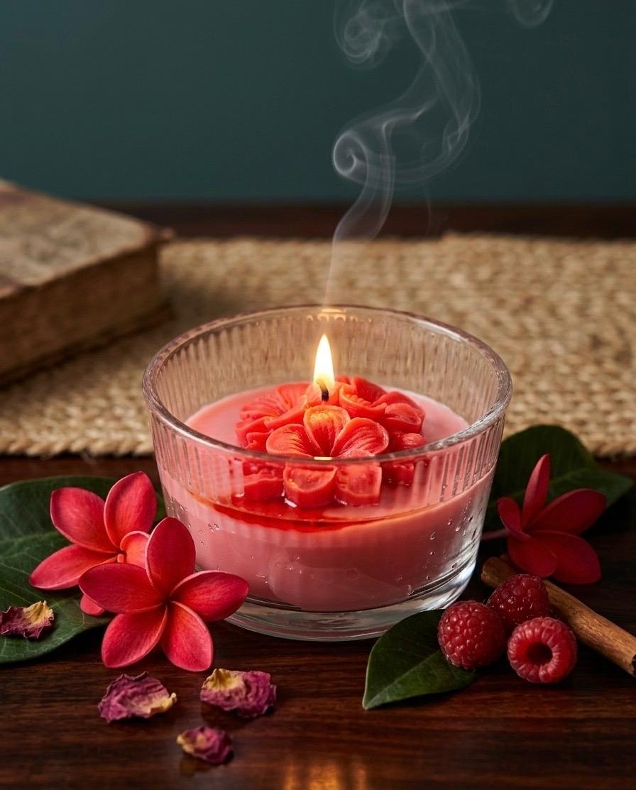 Luxury Scented Glass Jar Candle with Pink Flower Wax Design - DAZOR
