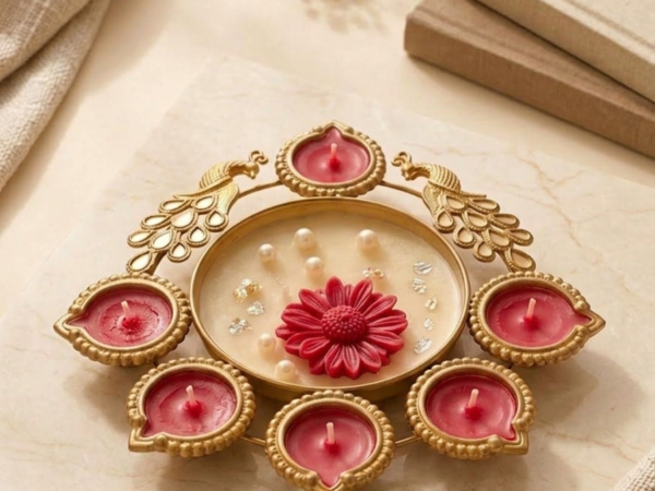 Gold peacock metal diya platter with rich red wax candles and central pearl flower dish