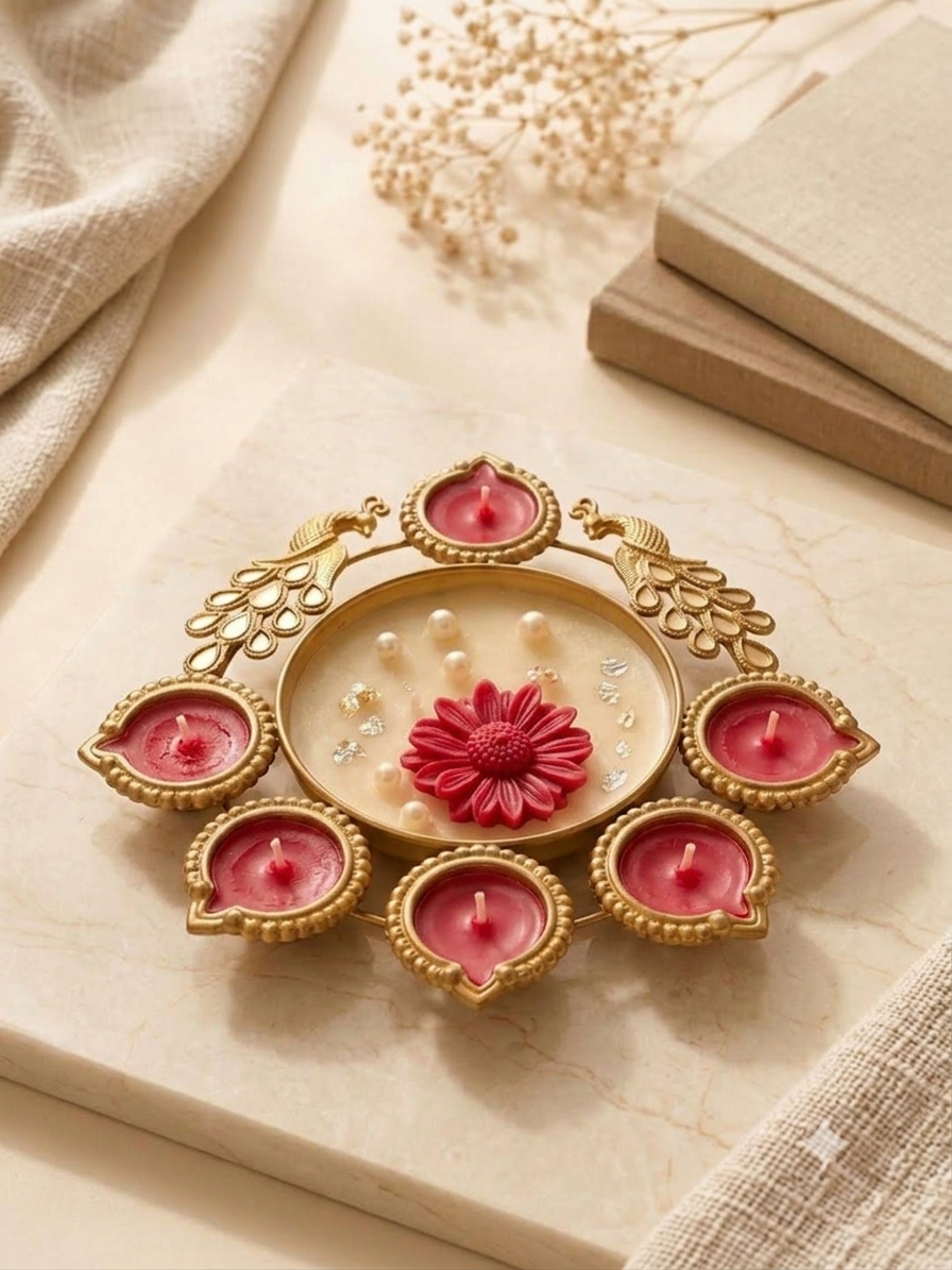 Gold peacock metal diya platter with rich red wax candles and central pearl flower dish