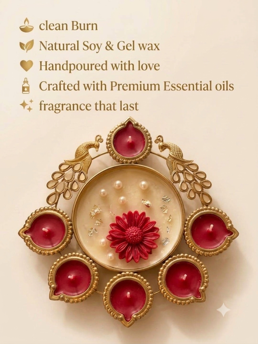 Gold peacock metal diya platter with rich red wax candles and central pearl flower dish