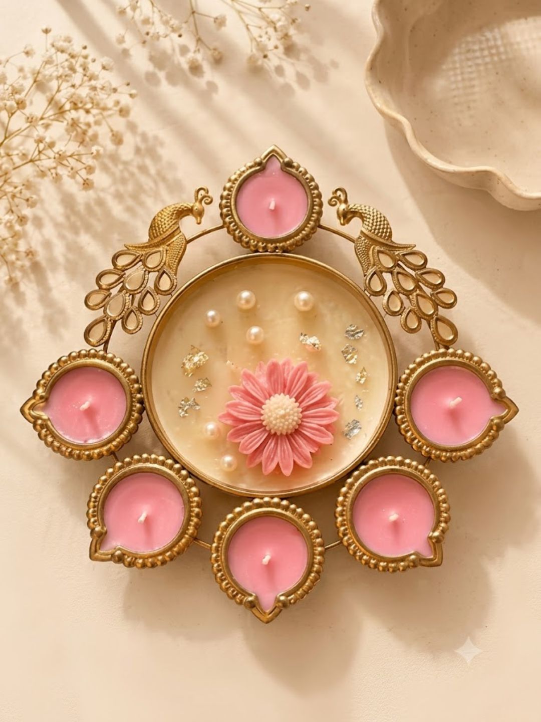 Handcrafted Peacock Metal Diya Platter – Festive Candle Urli