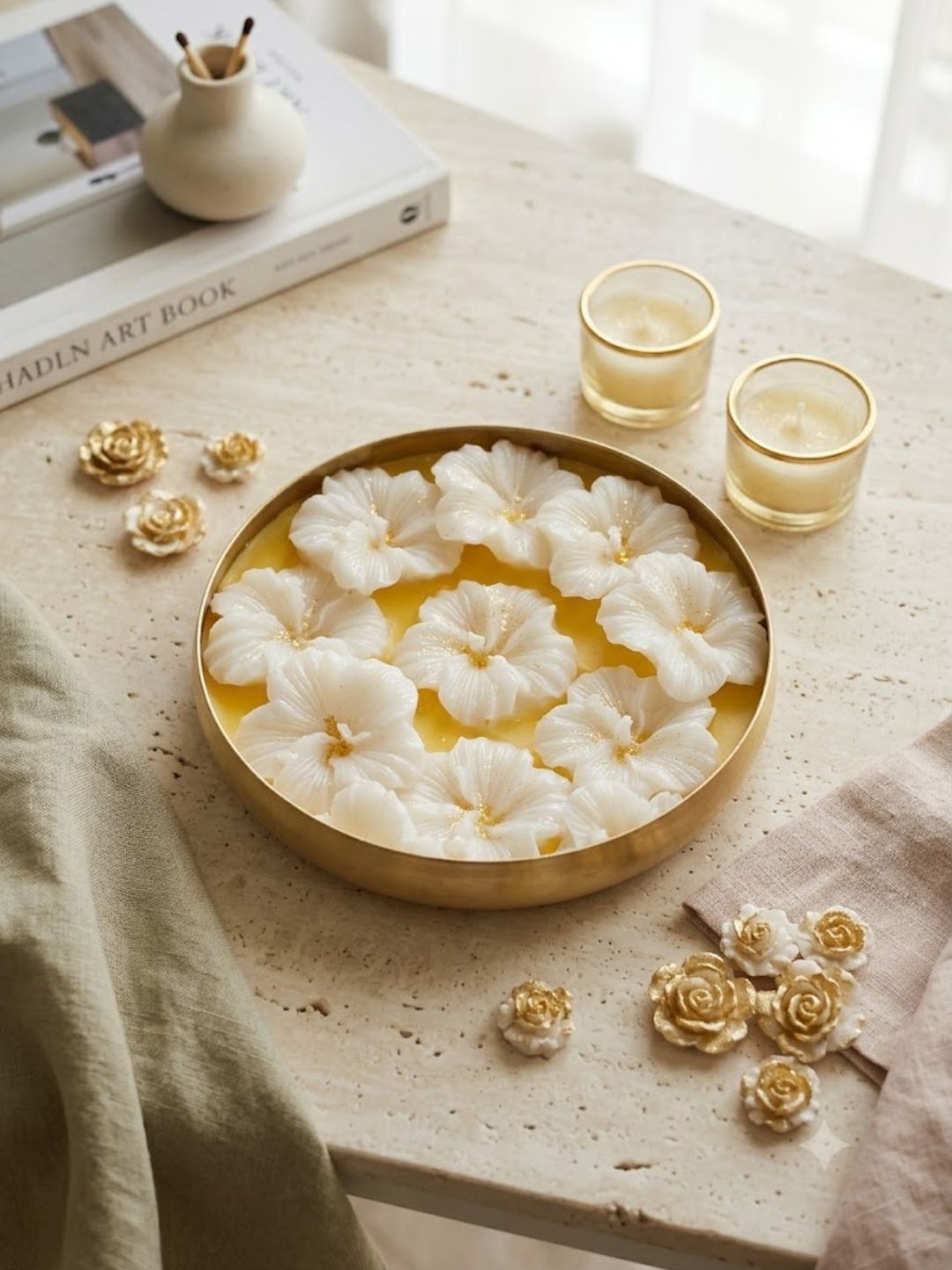 Handcrafted White Hibiscus Wax Urli Candle Platter
