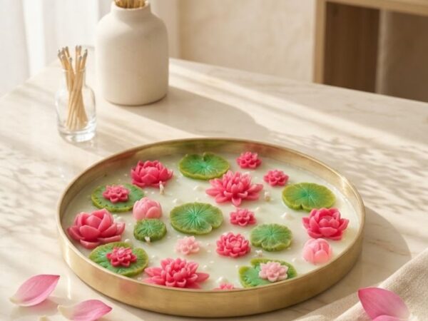 Round gold metal urli platter filled with cream soy wax, carved pink lotus flowers, green lily pads, and pearls